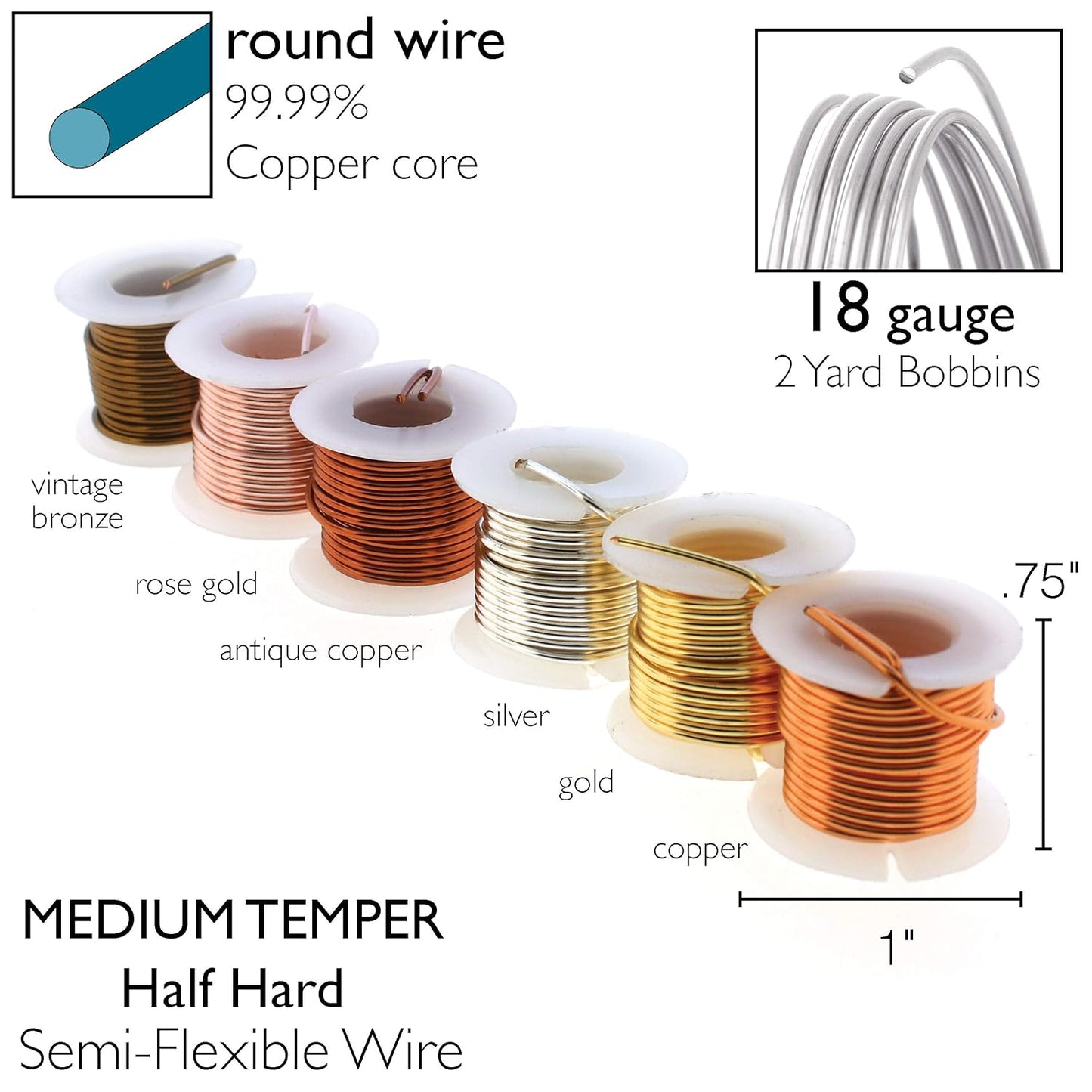 The Beadsmith Craft Wire Assortment - Tarnish-Resistant Copper Wire for Jewelry Making, 6-Pack, 0.75-Inch Mini Spools, 2 Yd Each, 18-Gauge, Assorted Colors, Medium Temper