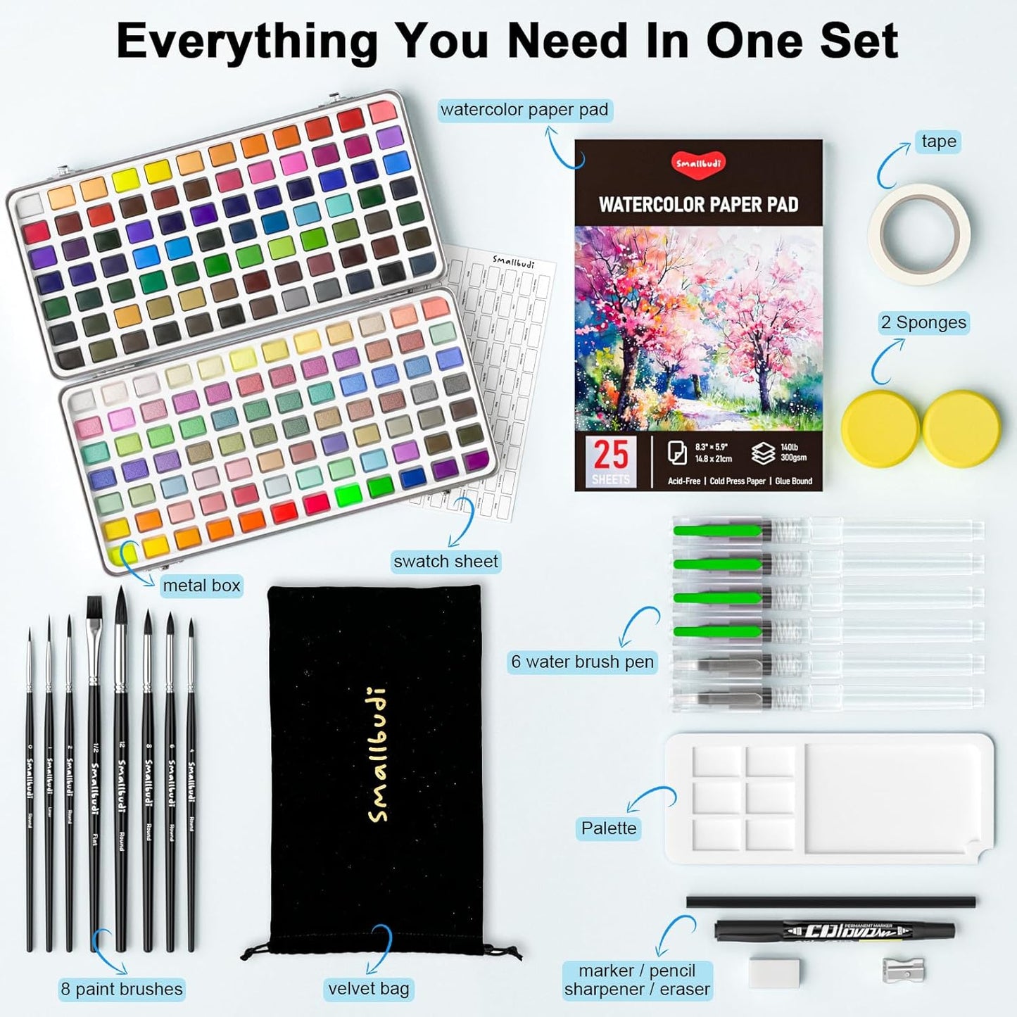 Watercolor Paint Set 168 Colors Including Metallic, Watercolor Kit with Case, Watercolor Paper, Paint Brushes, Palette and Accessories, Water Color Art Supplies Gift for Adults Kids Artists