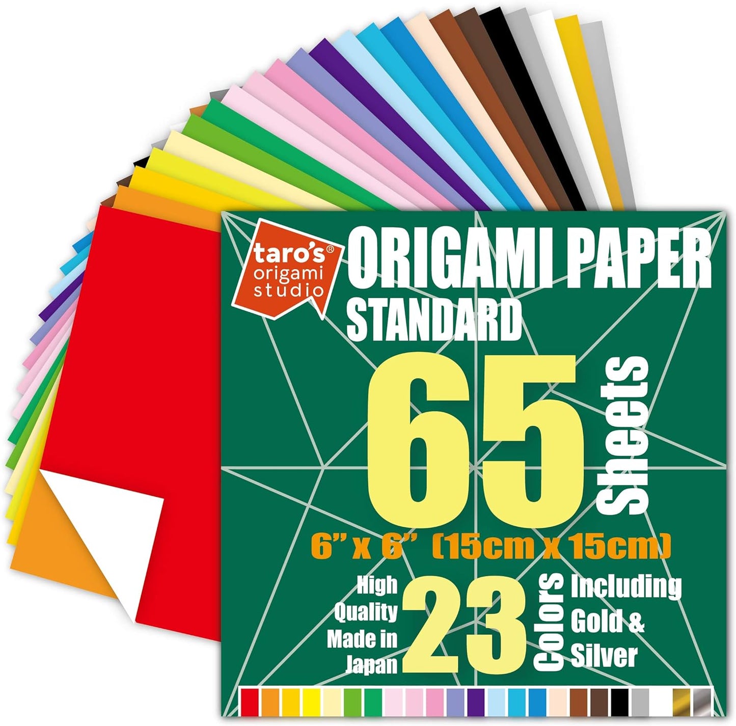 [Taro's Origami Studio] Standard 6 Inch One Sided 23 Colors 65 Sheets Square Easy Fold Premium Japanese Paper for Beginner (Gold and Silver Included)