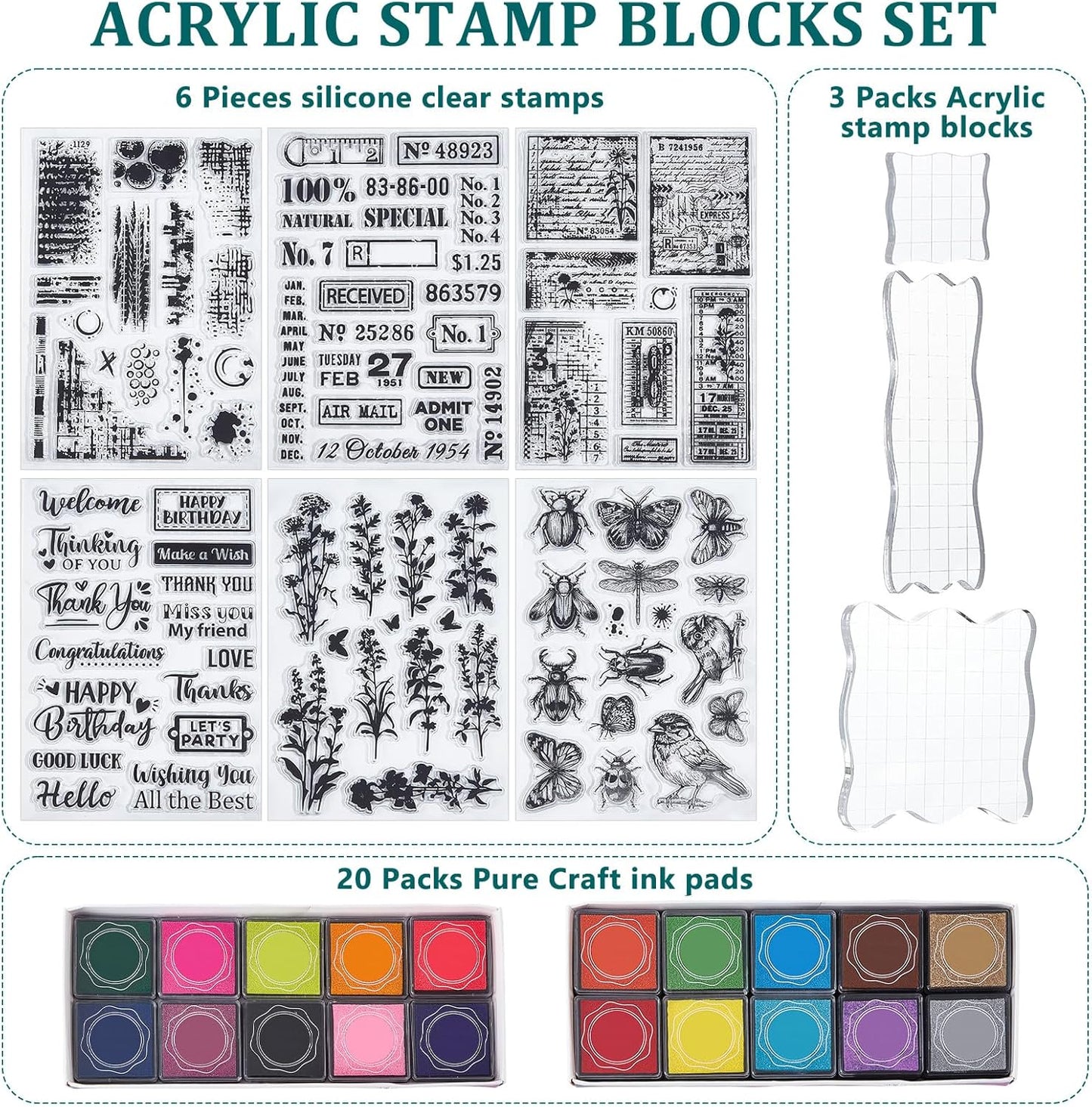 29 Pcs Acrylic Stamps for Crafting Card Making Supplies Set Include 3 Acrylic Clear Stamp Blocks, 6 Clear Silicone Stamps Seals, 20 Craft Ink Pads Stamp for DIY Scrapbooking Journal