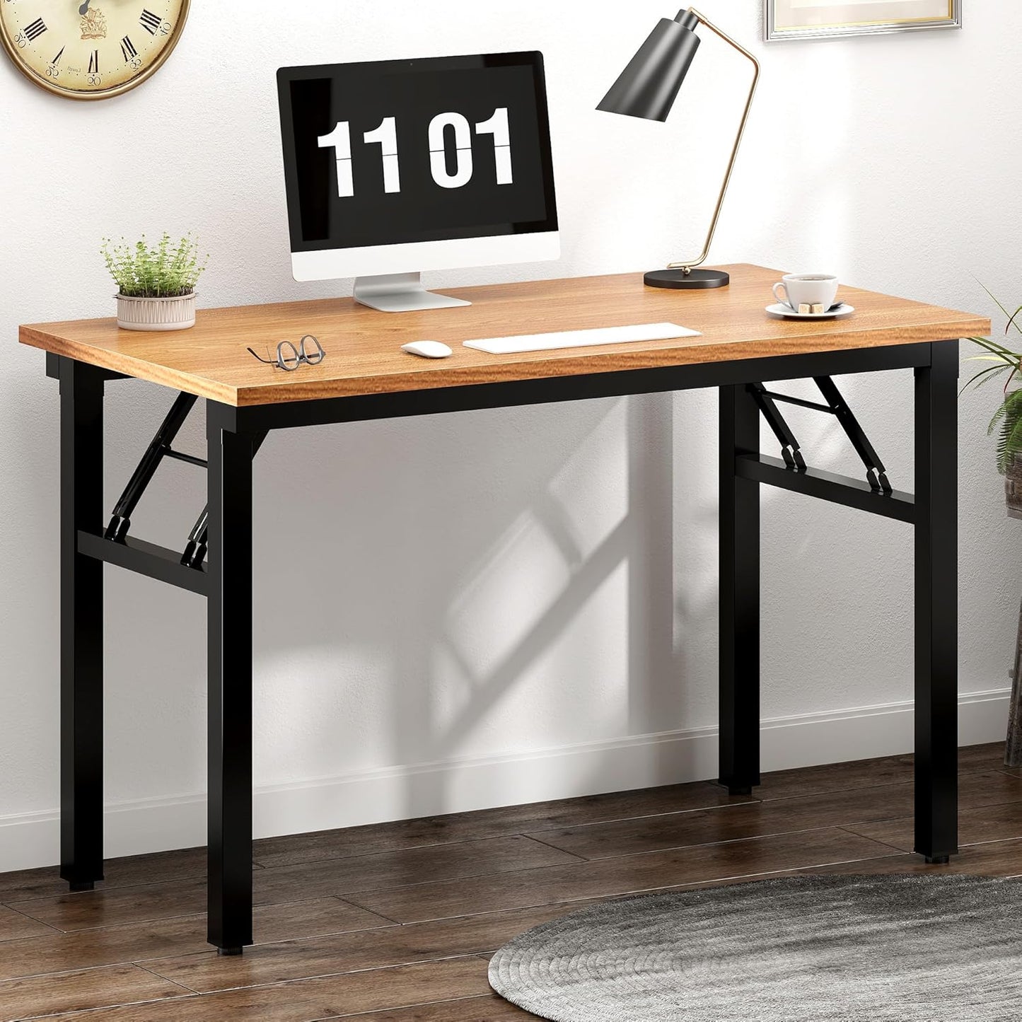 Need Folding Computer Desk - 39.4 Inch Foldable Office Writing Work Study Kids Student Teacher Home Bedroom Table for Small Space, Teak & Black