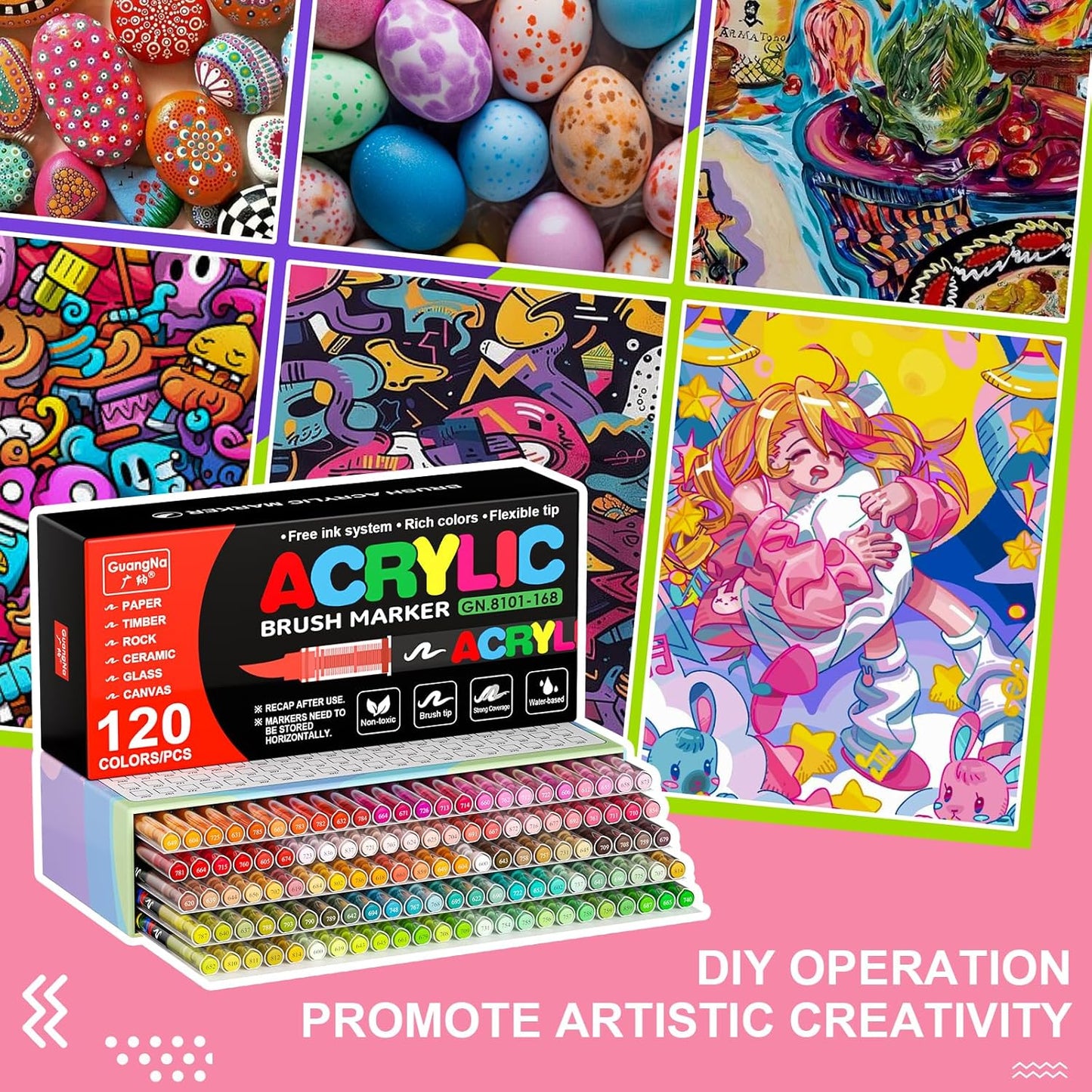 DICEKOO 120 Colors Acrylic Paint Markers, Soft Brush Tip Pens with Automatic Ink Control System, Waterproof, Quick-Drying, Lightfast, for Rock Painting, Canvas, Wood, Egg & DIY Crafts Art Supplies