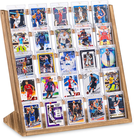 Emfogo Trading Card Display Stand, 5 Tier Sports Graded Card Display, Wooden Trading Card Display Stand for Soprts Card Collection & Show, Brown