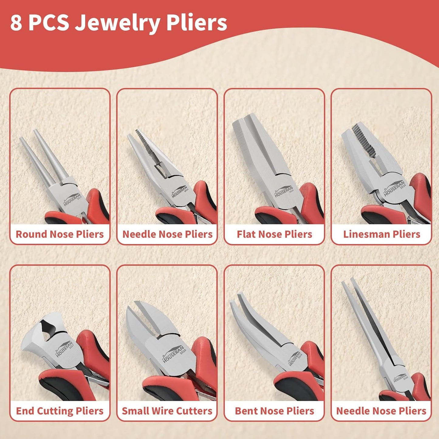 8 Packs Jewelry Pliers Set, Jewelry Making Tools with Needle Nose Pliers, Wire Cutters, Round Nose Pliers, Bent Nose Pliers
