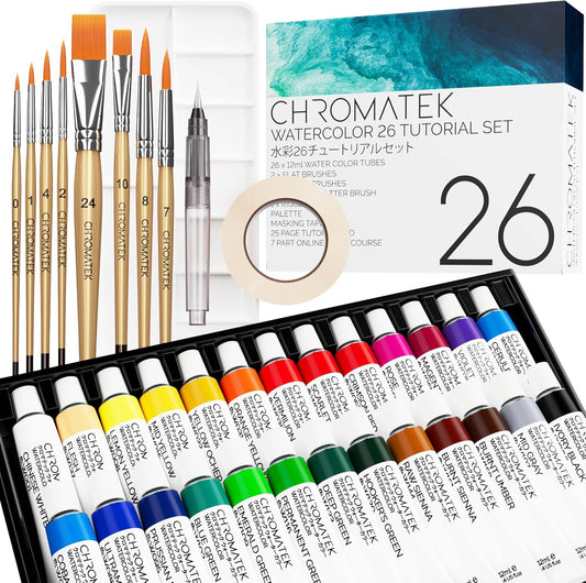 CHROMATEK Watercolor Paint Set - 62 Piece Kit - Video Tutorial Course - For Adults, Beginner & Professional Artists - 26 Tubes (12ml), Sketch Pad, 8 Painting Brushes, Aquapen, Palette, Masking Tape
