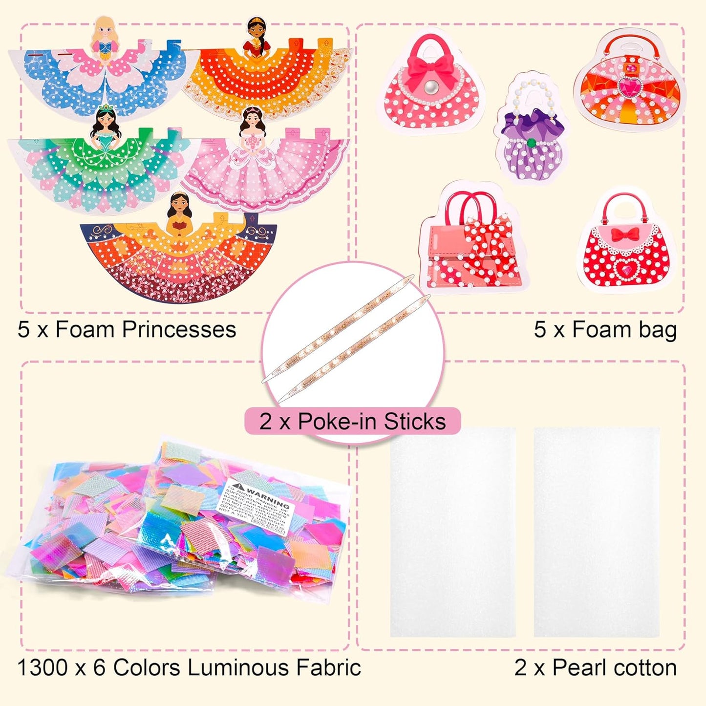 PP OPOUNT Poke Art Kits for Girls, 5 pcs 3D Magical Princess & 5 Bags Kids Paper Craft Kits, DIY Wood Craft Kit, Mess-Free Creative Activity Art and Crafts, Birthday Christmas Gift for Girls Ages 4-8