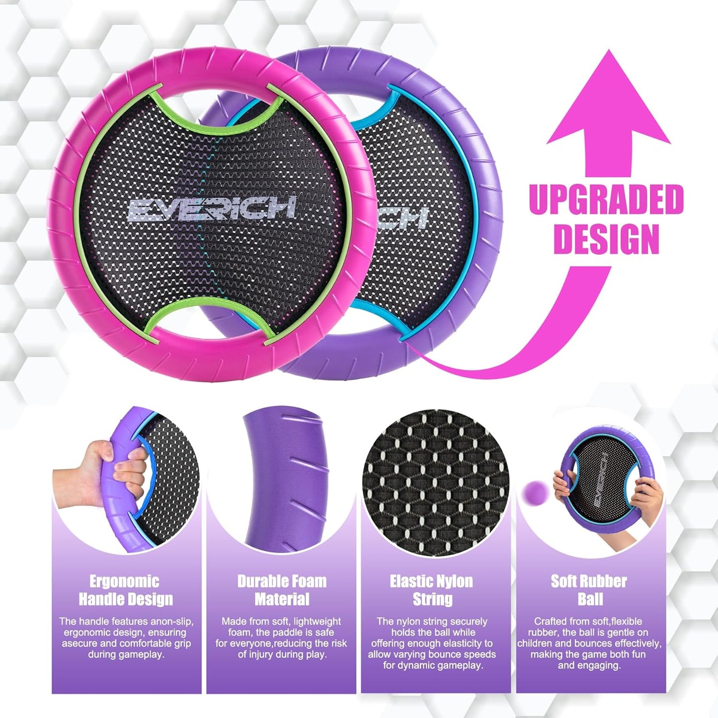 EVERICH TOY Trampoline Paddle Ball Set with 2 Bouncy Paddles & 4 Balls - Soft Foam Design for Kids Play Indoor Outdoor Beach Backyard Lawn - Great Gift Idea for Boys & Girls (Pink & Purple)