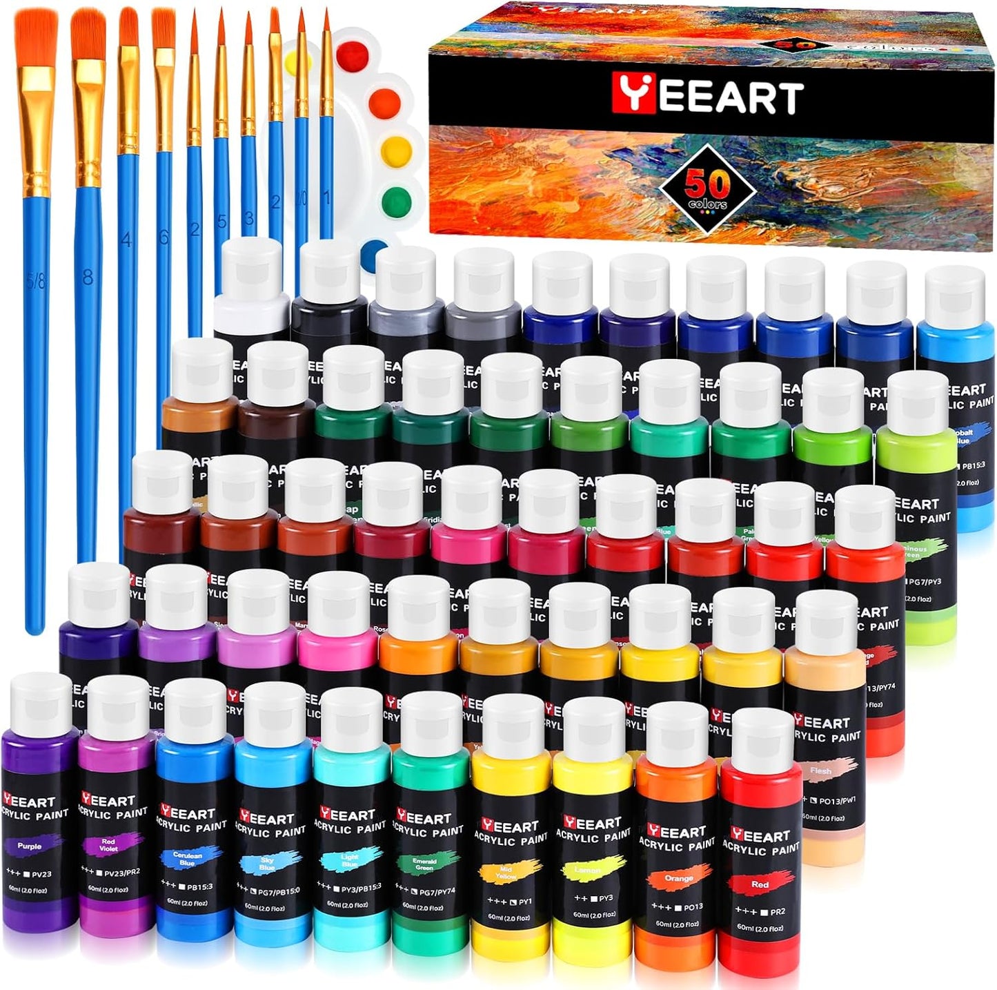 50 Color Acrylic Paint Set, 2oz Bottles, Rich Pigmented Canvas Paint with 10 Brushes &Palette, Professional Art Supplies Kit for Adults & Kids, Non-Toxic, Suitable for Canvas, Rocks, Wood