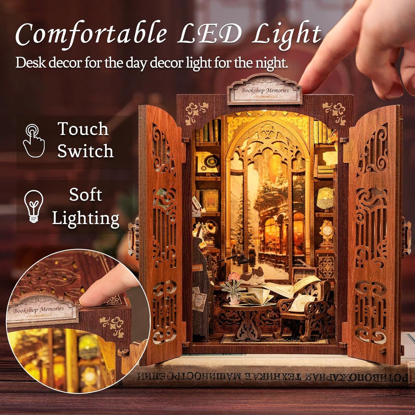 CUTEBEE Book Nook Kit - DIY Miniature House Dollhouse Kit for Adult and Teens, Booknook Bookshelf Decor Alley Model Build with LED Light, Gifts for Family and Friends (Bookshop Memories)