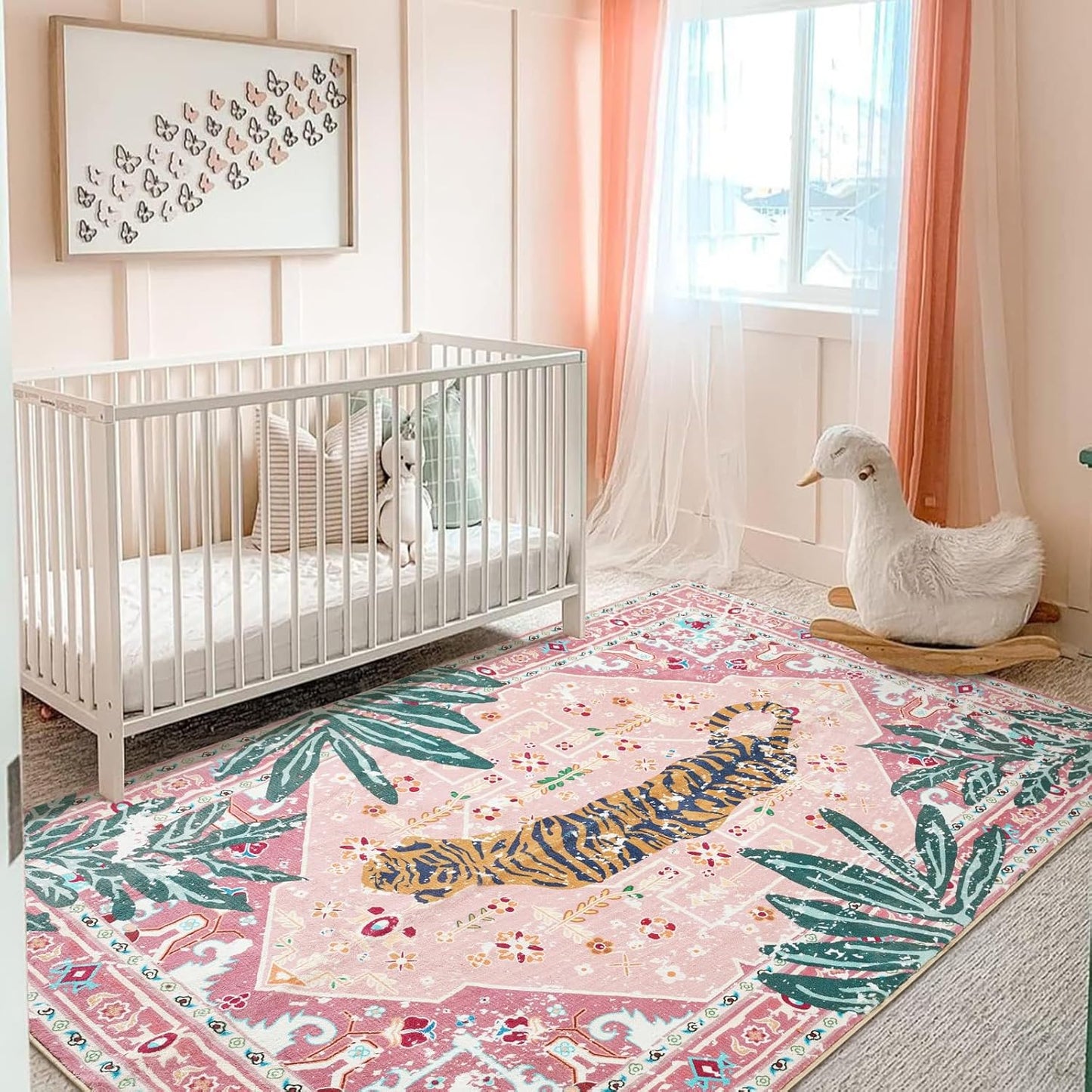 Washable Pink Rugs Boho Vintage Tropical Jungle 5x7 Area Rugs Jungle Oriental Carpet for Bedroom Kitchen Dining Living Room Office Distressed Indoor Cute Nursery Rug