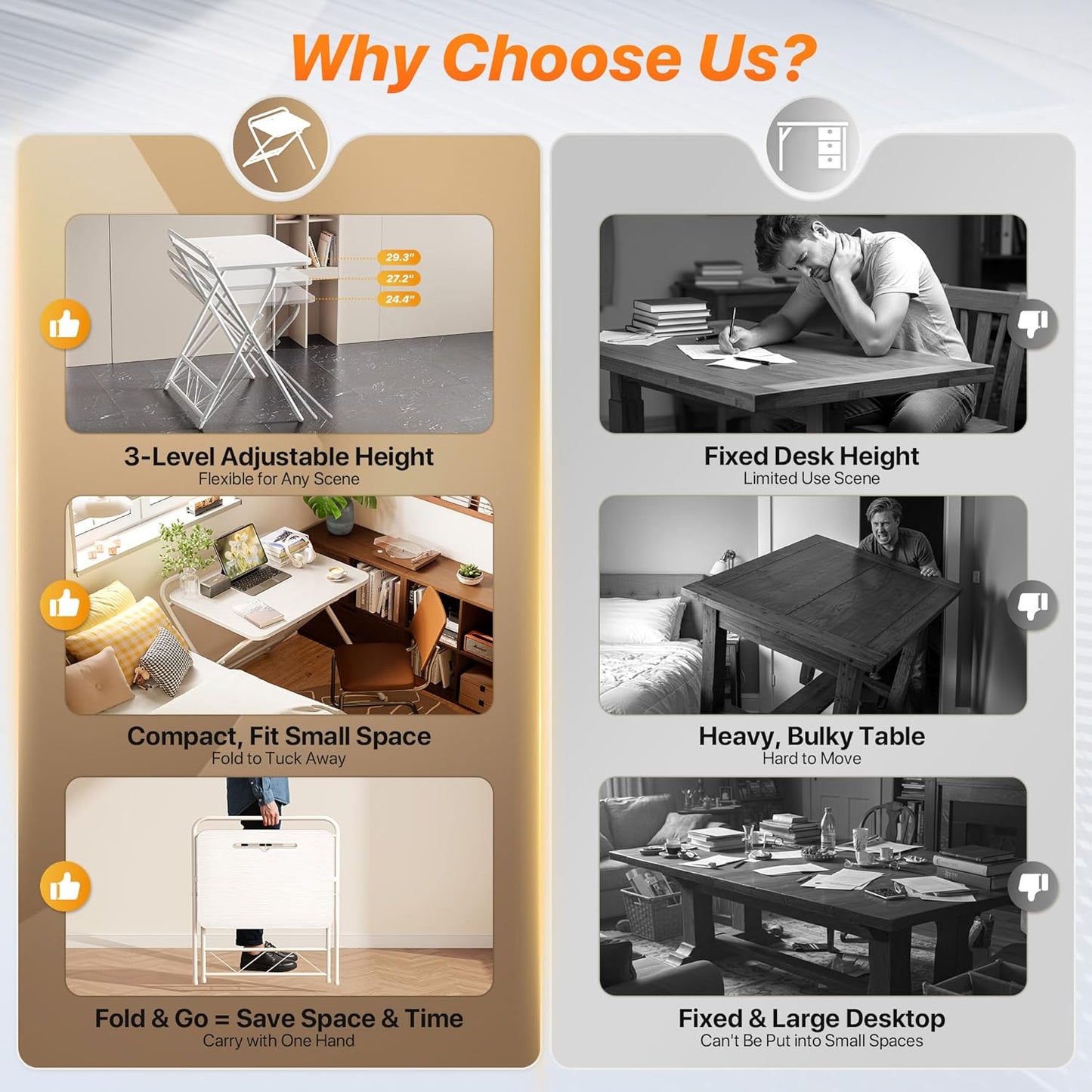 Huuger Folding Desk with 3-Level Adjustable Height and Tablet Slot, 24 Inch Foldable Computer Desk for Small Spaces, Space Saving, Writing Work Table for Home Office, Bedroom, Study, White