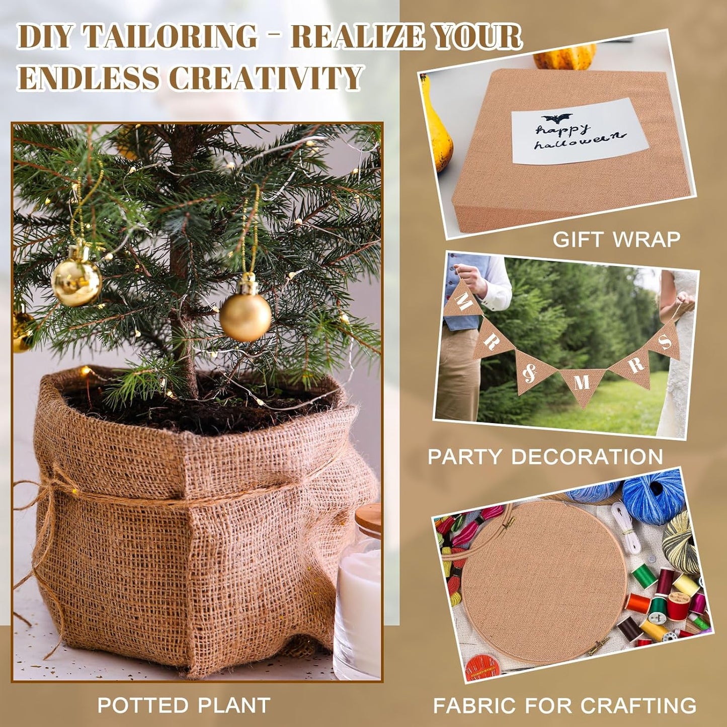 Buryeah Burlap Fabric Roll 40" Wide x 150 ft for Aisle Runner Gardening Burlap Banner Tree Wrap,Tablecloth,Carpets Multipurpose Natural Jute Roll for Wedding Craft DIY Garden Raised Bed Liners