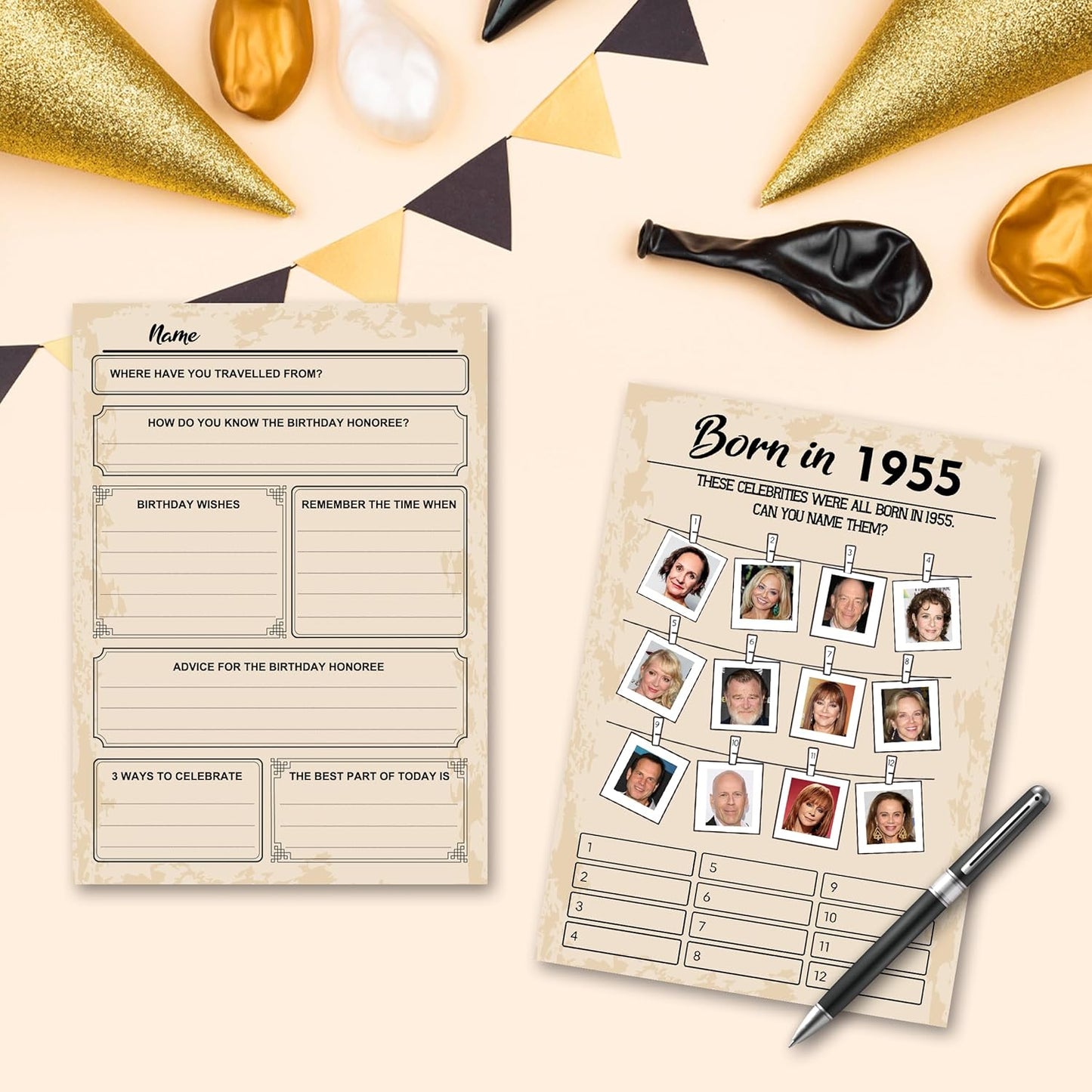 70th Birthday Party Games, Born in 1955 Games Bundle, Set of 5 Activities for 10 Guests, Birthday Party Supplies for Adults, Pack of 50 Cards