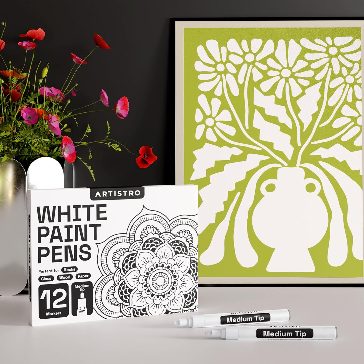 ARTISTRO 12 White Paint Pens for Rock Painting, Stone, Ceramic, Glass, Wood, Fabric, Scrapbooking, DIY Craft Making, Art Supplies, Card Making, Coloring, Acrylic Markers Medium Tip 3.0mm