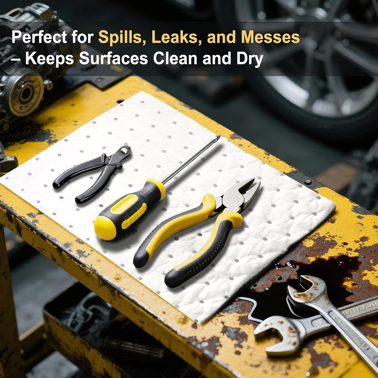 AAwipes Oil Absorbent Pads Garage Accessories Oil Spill Control Oil Absorbing Sheets for Garage, Car, Truck, Motorcycle White 100 Pack 9.8" X 13" OW1013-100