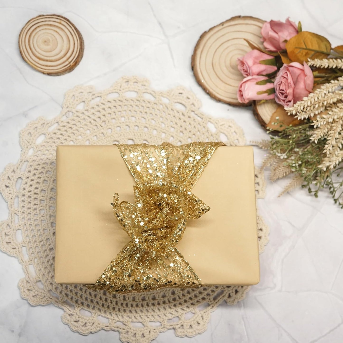 CT CRAFT LLC Sparkling Glitter Mesh Wired Ribbon 6" x 10 Yards Gold for Christmas Home Decor Bow Gift Wrapping DIY Crafts Wreath