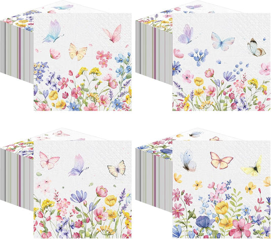Fulmoon 200 Pieces Summer Floral Cocktail Napkins Disposable Wildflower Dessert Paper Napkins Bulk Flower Decoupage Beverage Towel for Summer Tea Party Dinner Decorative