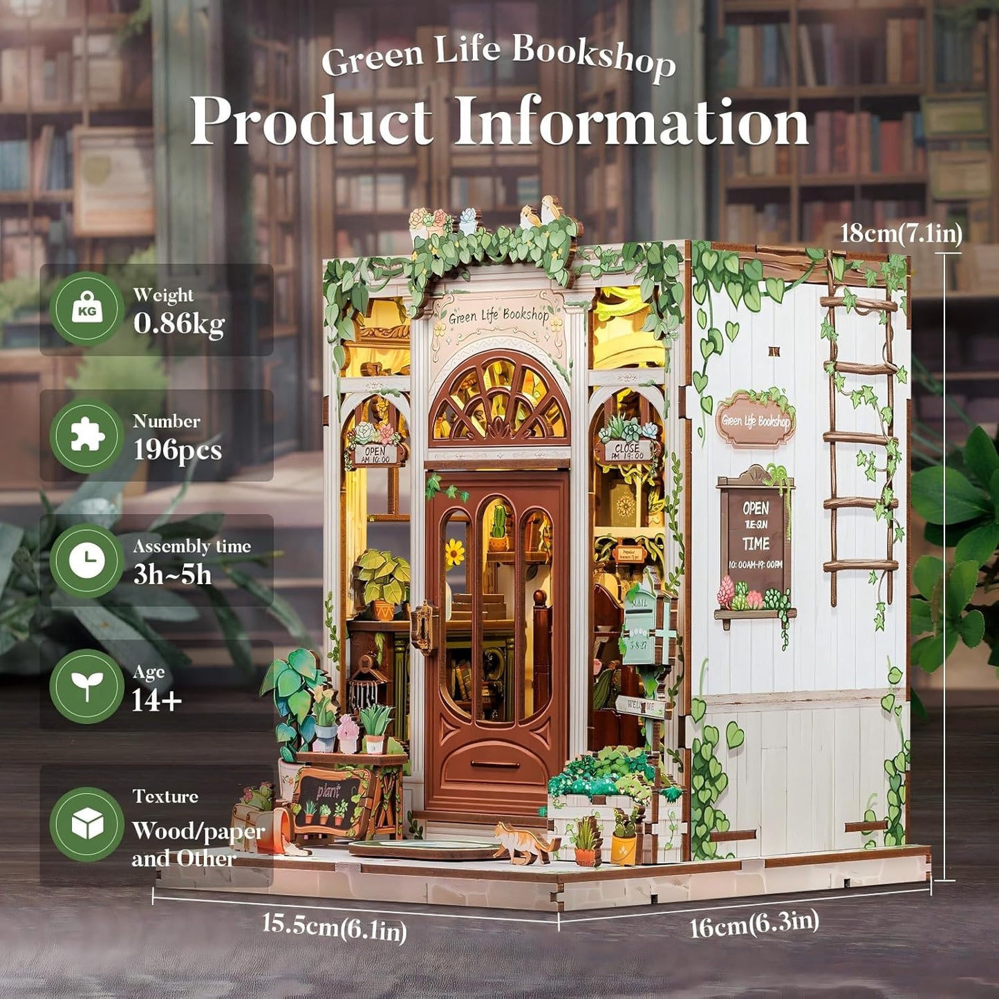 Fsolis Book Nook Kit, 3D Wooden Puzzles for Adults, 196 pcs, DIY Miniature Puzzle Room Kit Tiny House Bookshelf Decor Gifts for Women Teenagers Book Lovers (Green Life's Bookshop)