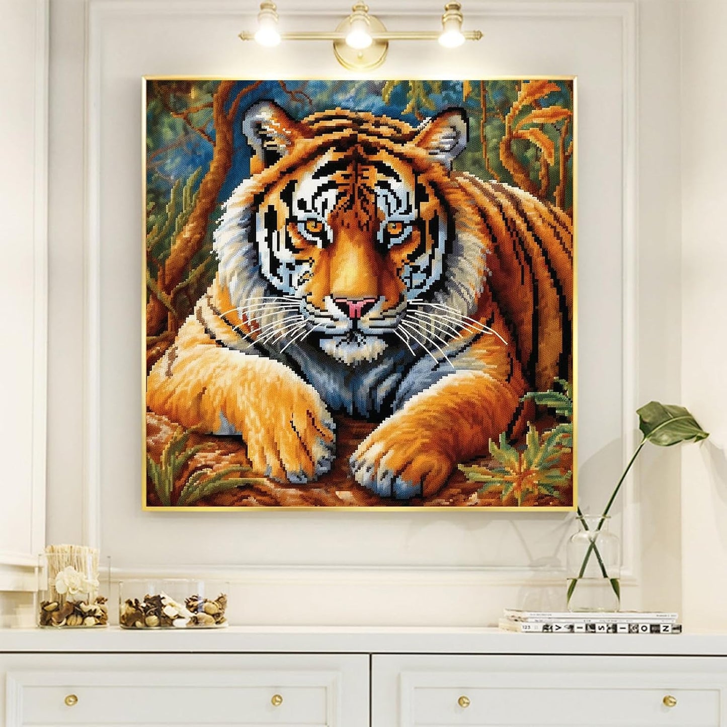 51buyoutgo 11CT Stamped Cross Stitch Kits for Adults - 18x18 in Beginner Embroidery Kit with Easy Funny Washable Animal Tiger Pattern, Pre Printed Fabric for DIY Home Decor, Gifts & Stress Relief