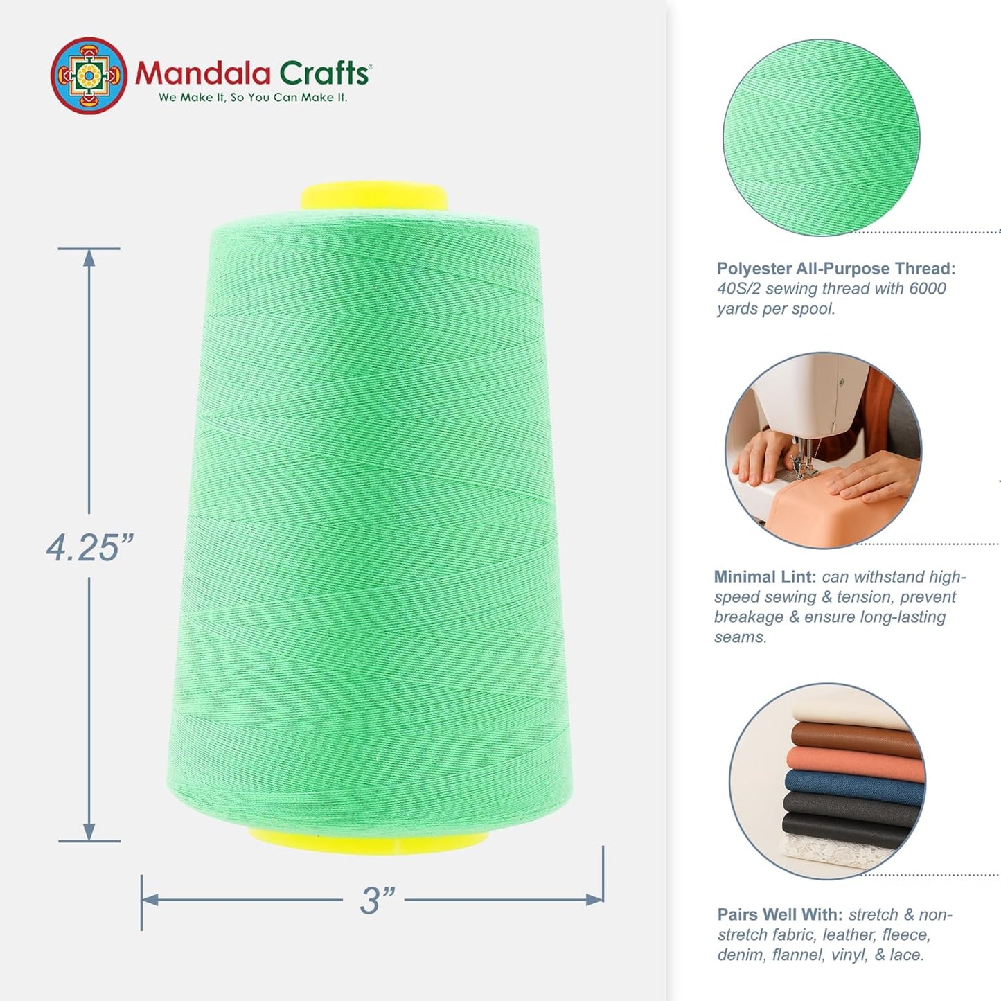 Mandala Crafts 4 Pack of Serger Threads Cones Spools - 40S/2 24000 Yards Polyester Seafoam Green Threads for Sergers Machine and Overlock Quilting Sewing Machine