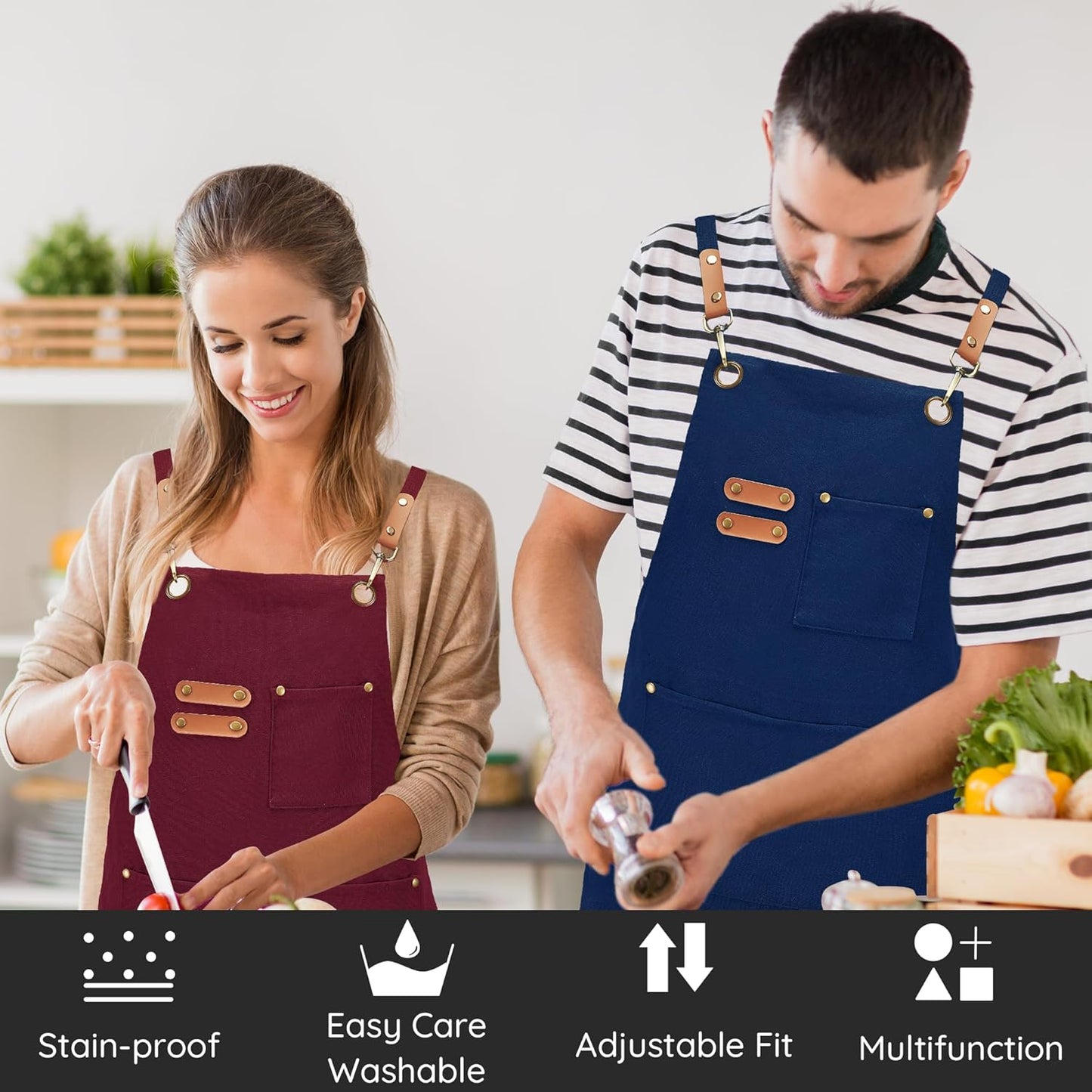 Canvas Aprons, Kitchen Chef Aprons, Work Aprons for Men Women, Adjustable Strap Aprons with 3 Pockets