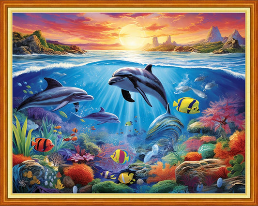 DMCVIVR Stamped Cross Stitch Kits for Adults Beginners Embroidery Kits 11CT Needlepoint Kits Cross Stitch Patterns Embroidery Patterns- Dolphin Underwater World 16x20 inch