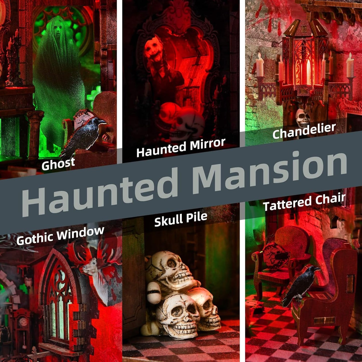 Haunted House Halloween Book Nook Kit, Spooky Shelf Insert Bookshelf Diorama Horror Art Miniature Decor, Creepy Scary Wooden Puzzle Booknook (Haunted Mansion)