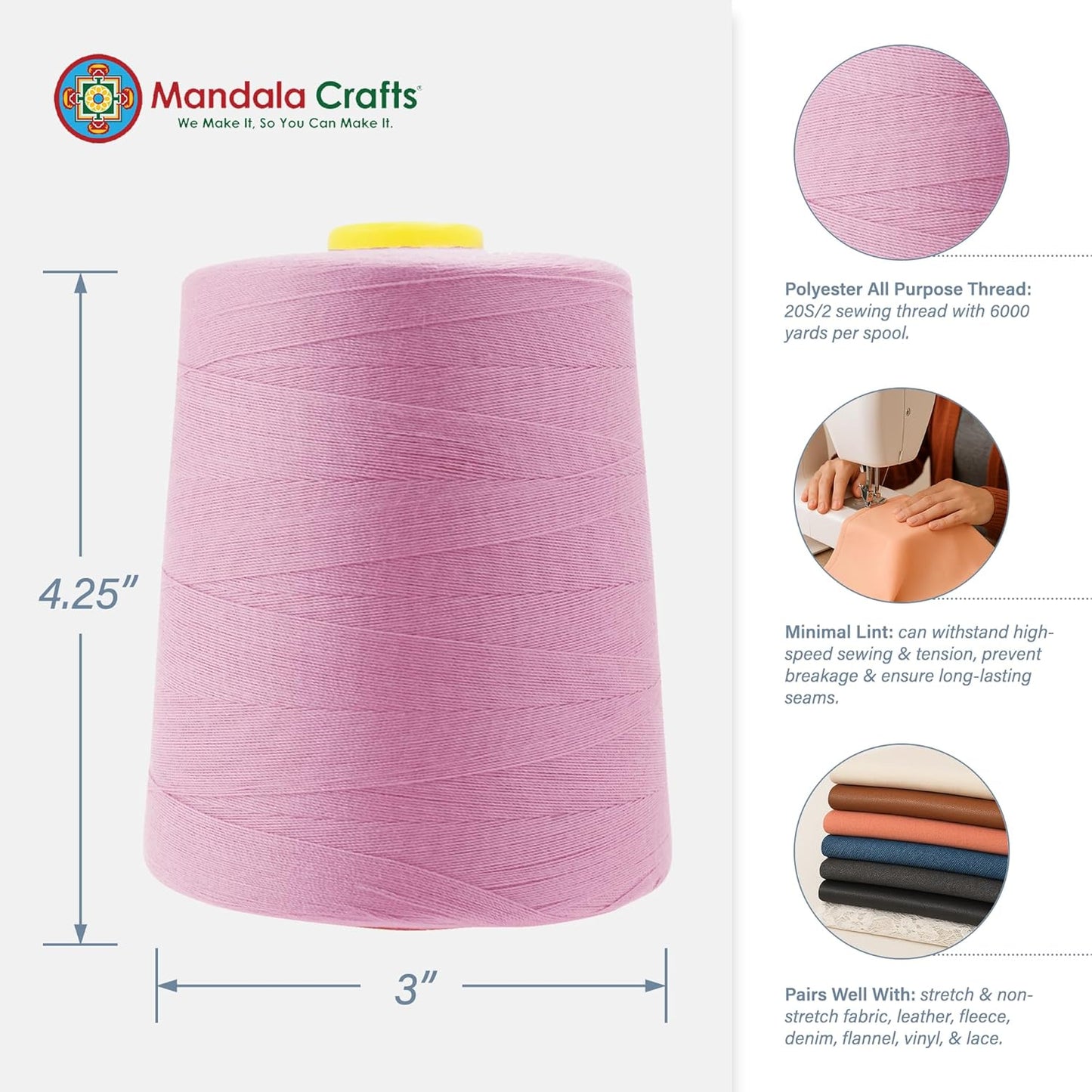 Mandala Crafts 4 Pack of Serger Threads Cones Spools - 20S/2 24000 Yards Polyester Dusty Rose Threads for Sergers Machine and Overlock Quilting Sewing Machine