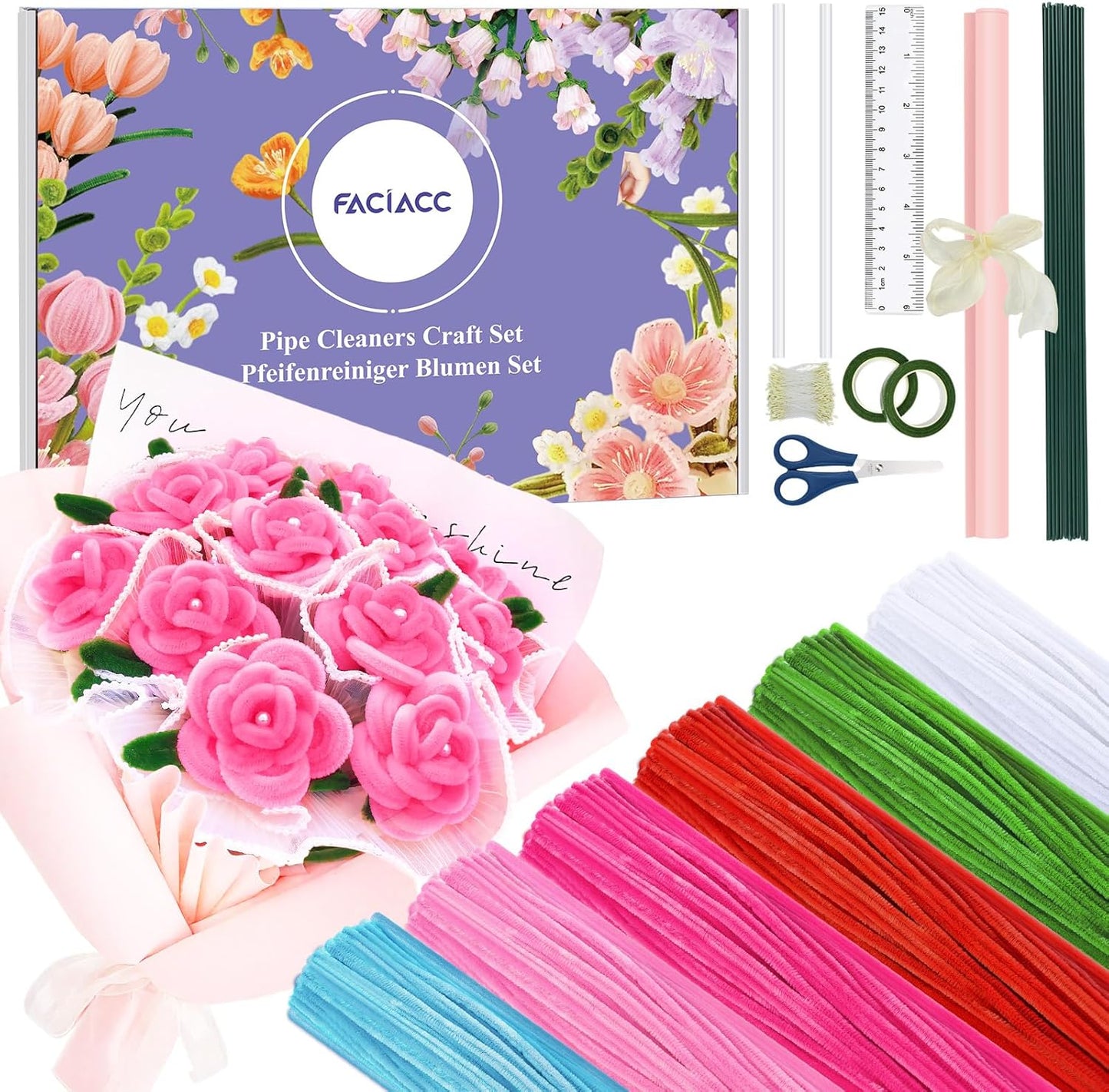 FACIACC 600PCS Pipe Cleaners Craft, 6 Assorted Colors Chenille Stems for DIY Bouquet Christmas Gift Party Decor (Red)