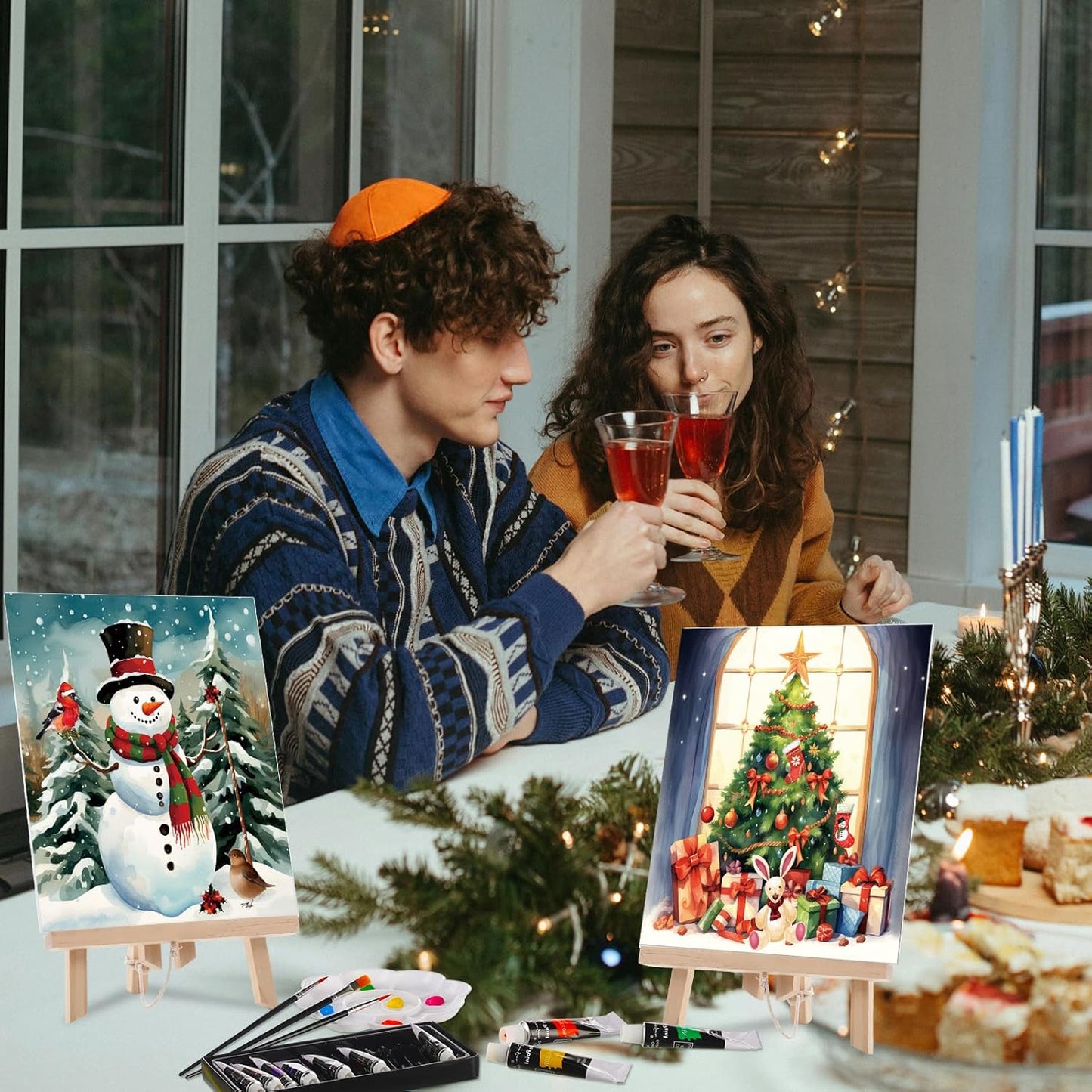 Cholemy 36 Pcs Paint and Sip Kit for Adults 8''x10'' Pre Drawn Canvas for Painting DIY Afro Acrylic Painting Kit Wood Easel Brushes Date Night Bulk for Christmas Party Gifts(Christmas A)