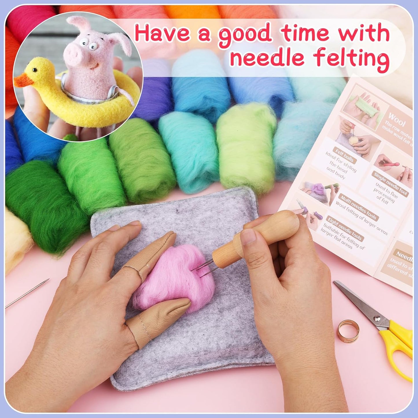 Mayboos Needle Felting Kit, 42 Colors Wool Roving Set, Needle Felting Kit with Felting Tool and Foam Mat Needle Felting Supplies for Home Decoration Felted