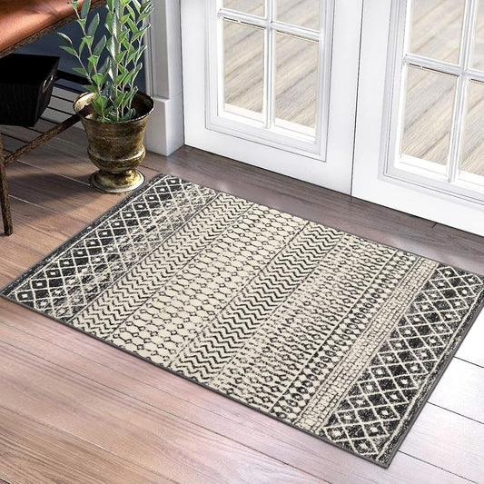 Moroccan Area Rug, 2x3 Black Distressed Entryway Rug Non-Slip Small Rug, Soft Low-Pile Washable Indoor Door Mat Floor Carpet for Entrance Bedroom Kitchen Bathroom