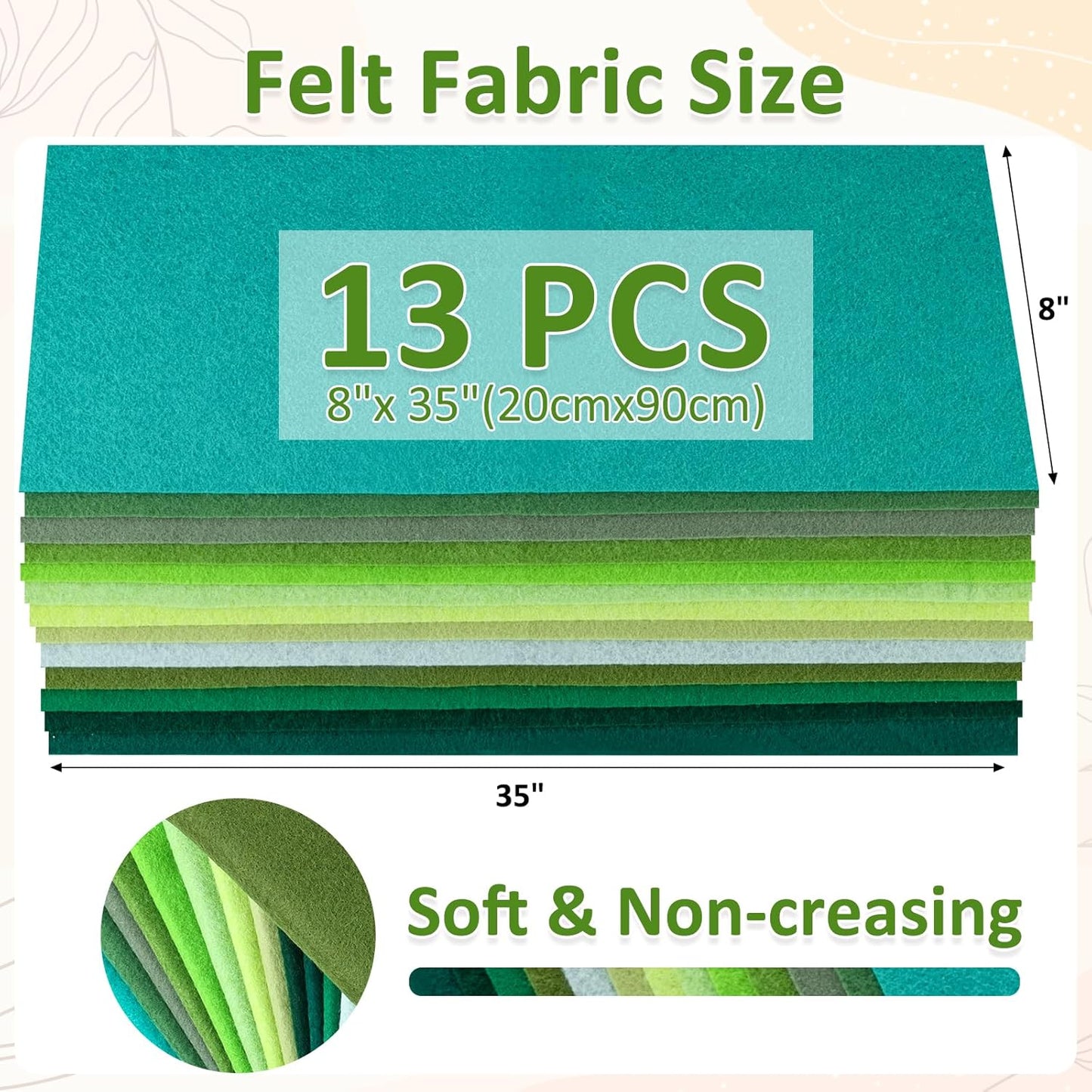 XSEINO 13 Rolls 8"x35" 1.4mm Thick Soft Felt Fabric Sheet 13 Assorted Green Series Colors Felt Pack Pastel Felt Sheets for DIY Craft Sewing Squares Nonwoven Patchwork