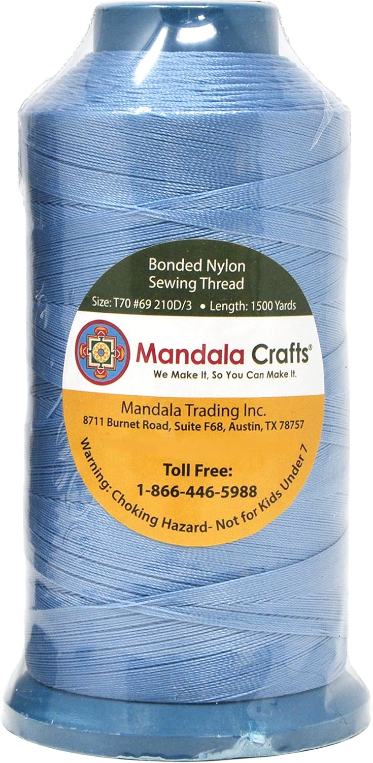 Mandala Crafts Bonded Nylon Thread Light Blue Heavy Duty Sewing Threads - 1500 YDs Size 69 210D T70 Tex 70 Thread for Leather Jeans Weaving Outdoor Marine Upholstery Threads