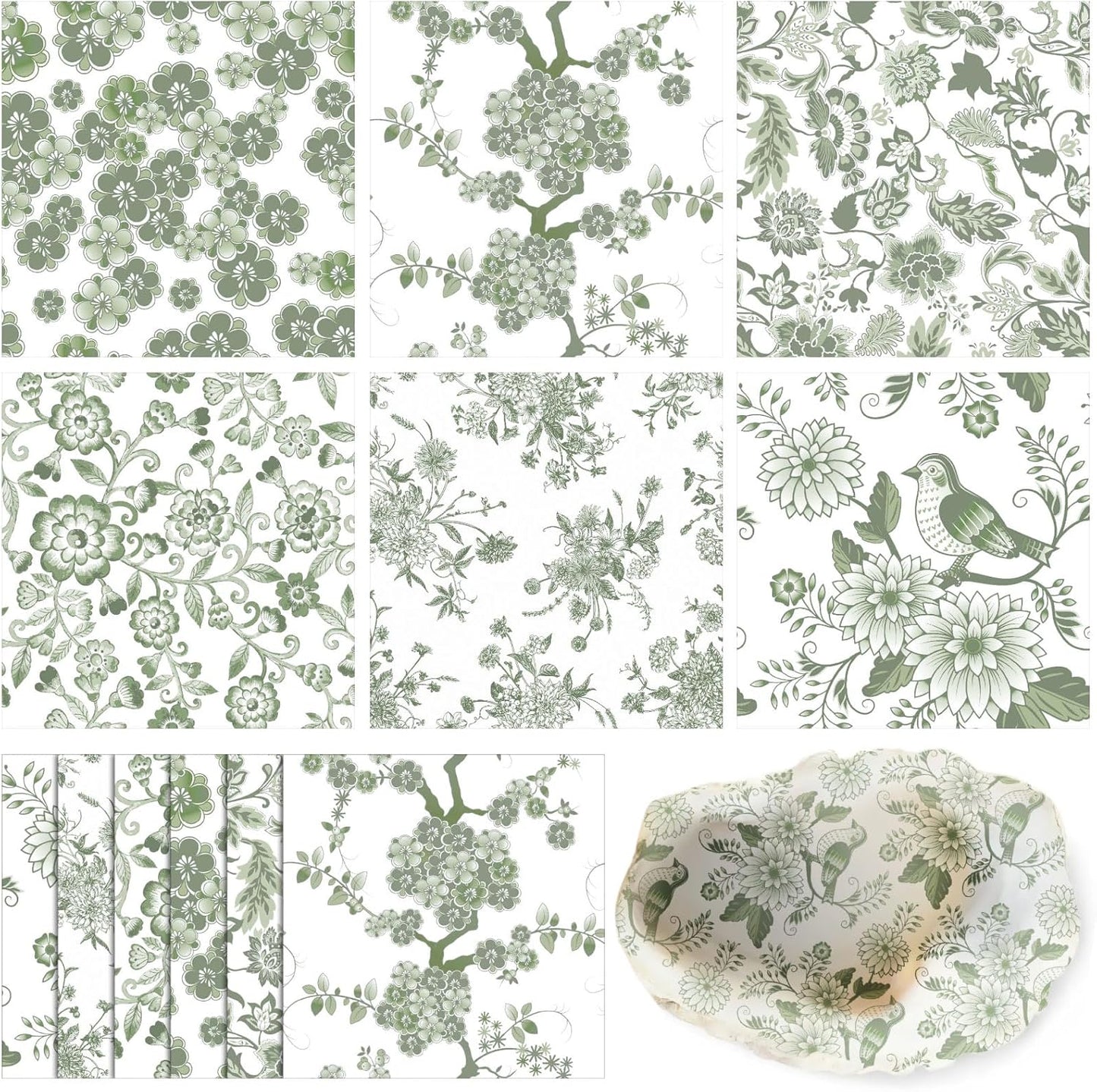 Epakh 36 Pack 6 Style Sage Green Decoupage Paper Napkins Assorted Floral Decorative Decoupage Napkin Chinoiserie Cocktail Paper for DIY Crafting Fall Christmas Wedding Party Decor, Each Unfolded 13''