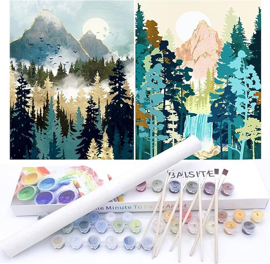 BAISITE Paint by Numbers Kit for Adults Beginners,12" Wx16 L 2 Pack Canvas for Painting Kits for Adults in Colorful Box-Sunrise Mountains Waterful 7172