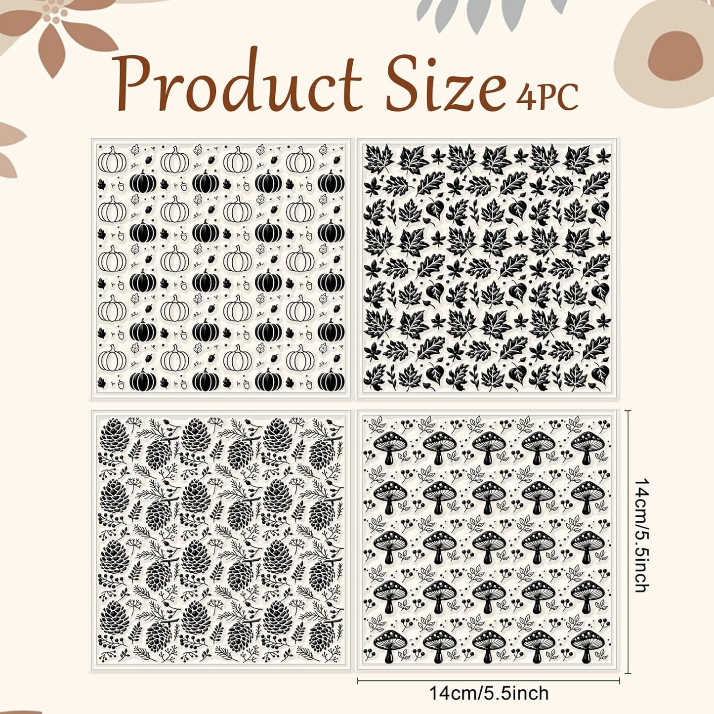 CHGCRAFT 4Pcs Pumpkin Maple Leaf Polymer Clay Texture Sheet Pinecone and Mushroom Autumn Silicone Clay Texture Mat for Polymer Clay Making Earrings Jewelry DIY Crafts 5.5 × 5.5 Inch