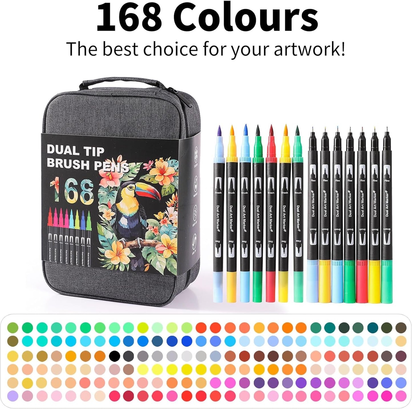 Dual Tip Markers, Double Brush Art Markers Set with Fine Tip and Brush Tip for Adult Coloring Book, Hand Lettering, Calligraphy & Drawing, Art Supplies Kit for Kids and Adults (168 Colors)