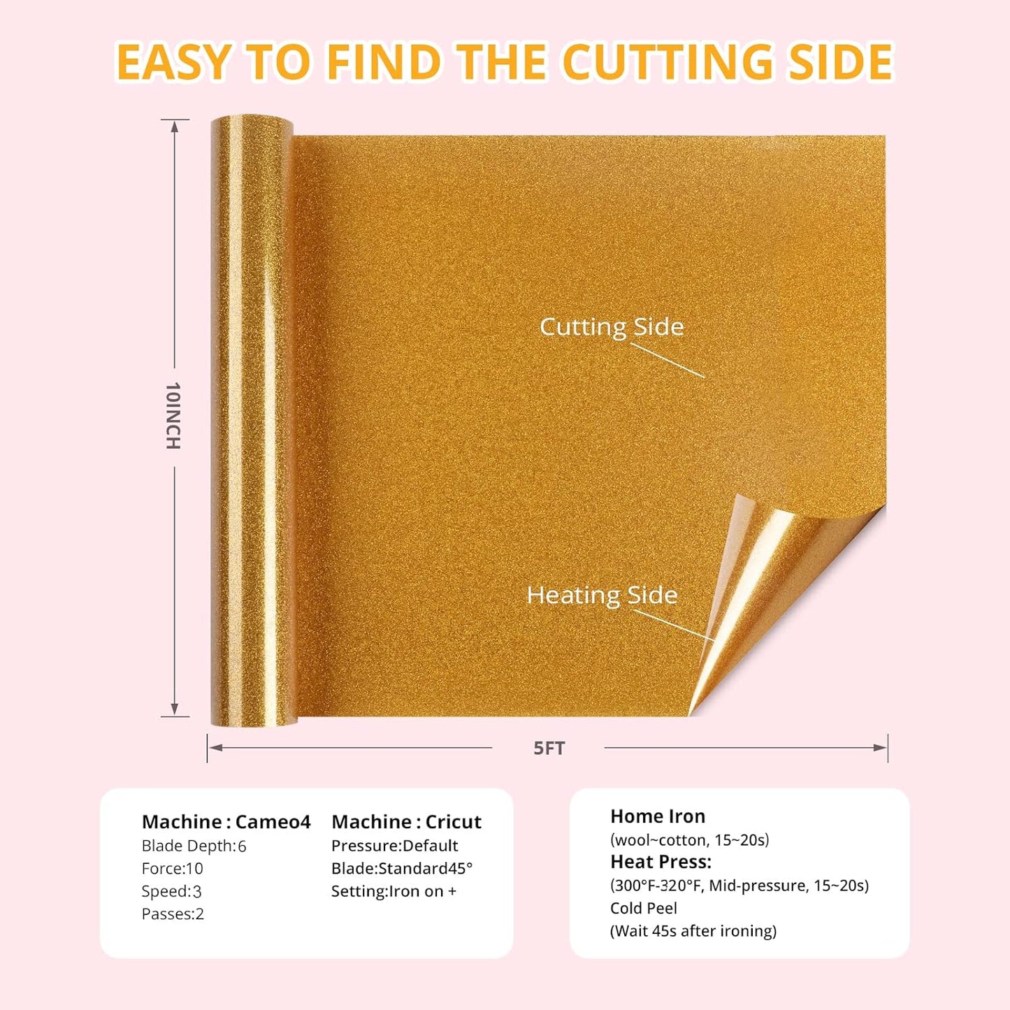 HTVRONT Gold Glitter Heat Transfer Vinyl - 10" x 5FT Gold Glitter HTV Vinyl for T-Shirts, Hats, Shoes & Bags