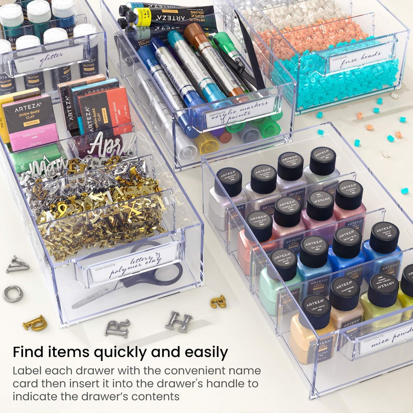 Arteza 9 Drawer Storage Cabinet, 16.1 x 9.3 x 9.8 inches, White, Plastic Drawers with Stoppers, Multi Compartment Organizer for Makeup and Art Supplies