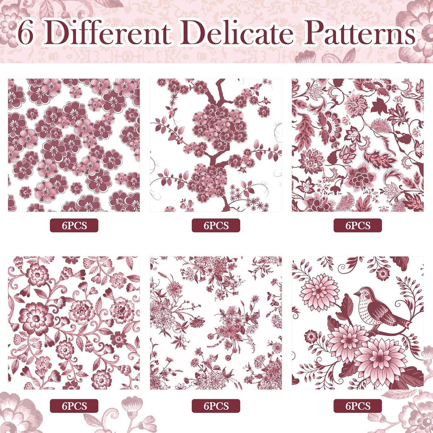 Epakh 36 Pack 6 Style Burgundy Decoupage Paper Napkins Assorted Floral Decorative Decoupage Napkin Chinoiserie Cocktail Paper for DIY Crafting Fall Christmas Wedding Party Decor, Each Unfolded 13''