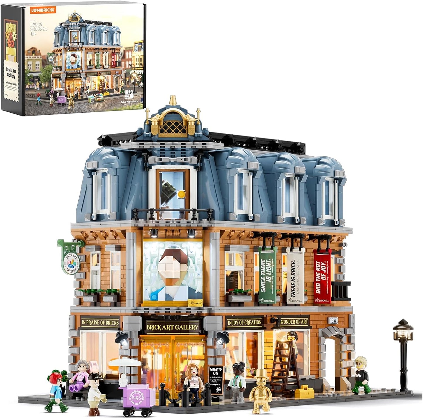 Brick Art Gallery Lighting Building Bricks Set - Town Life City Modular Collection Kit with Minifigures 3400 Pcs for Adults & Teen & Visual Art Lovers