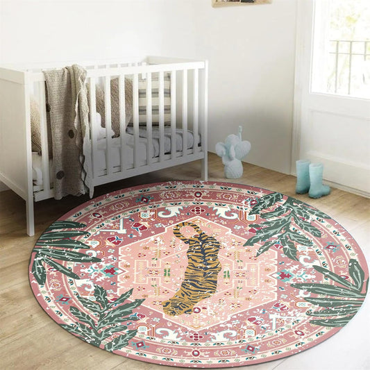 Washable Pink Rugs Thin Oriental Boho Vintage Cute Tropical Leopard 5ft Round Area Rugs for Bedroom Kitchen Dining Living Room Office Indoor Entryway Distressed Nursery Circle Carpet