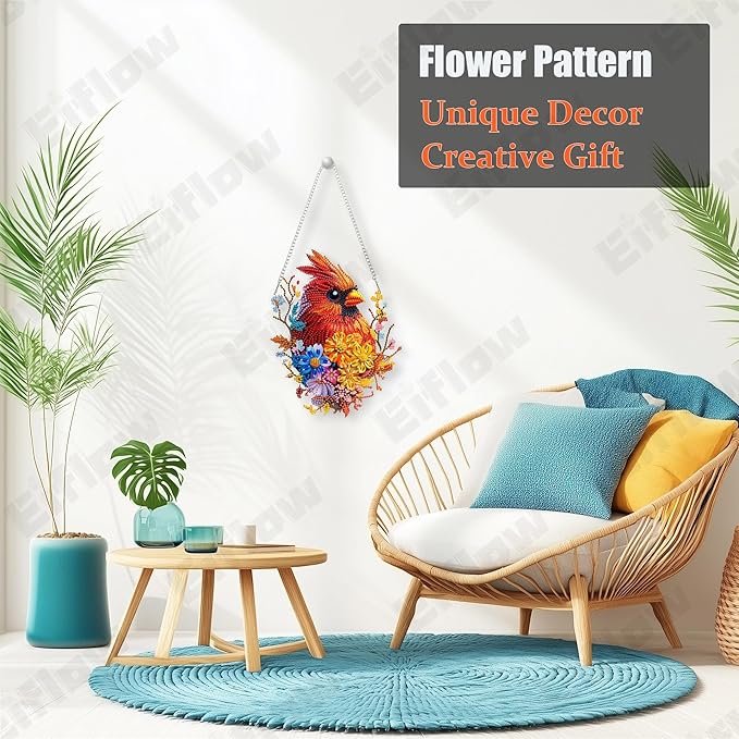Eiflow Acrylic Diamond Art Hanging Kit for Adults Cardinal Bird, DIY Diamonds Painting Door Hanger Board Kit, Special Crystal Diamond Art Painting Pendant Ornament