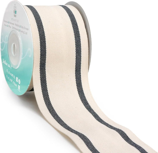 CT CRAFT LLC Ivory Cotton Black Stripes Ribbon 2" x 10 Yards for Home Décor Gift Present Wrapping DIY Crafts Birthday Wedding Bouquet Christmas