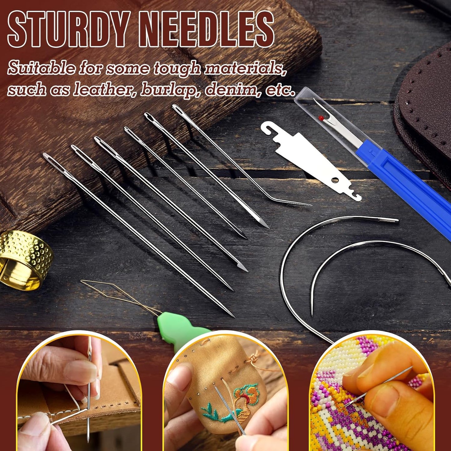 Upholstery Repair Kit, Thread Repair Sewing Kit and Upholstery Needle, 3 Colors 0.55mm Waxed Thread with 8 Pcs Heavy Duty Leather Needles for Hand Stitching, Canvas & Quilting
