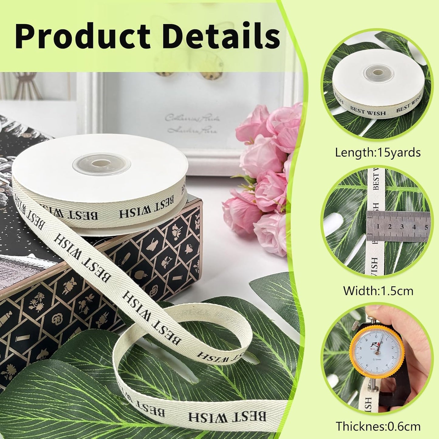 Cotton Herringbone Ribbon - Natural Twill Tape for Custom Gift Wrapping & DIY Crafts-5/8 Inch x 15 Yards - Best Wish Printed Phrase