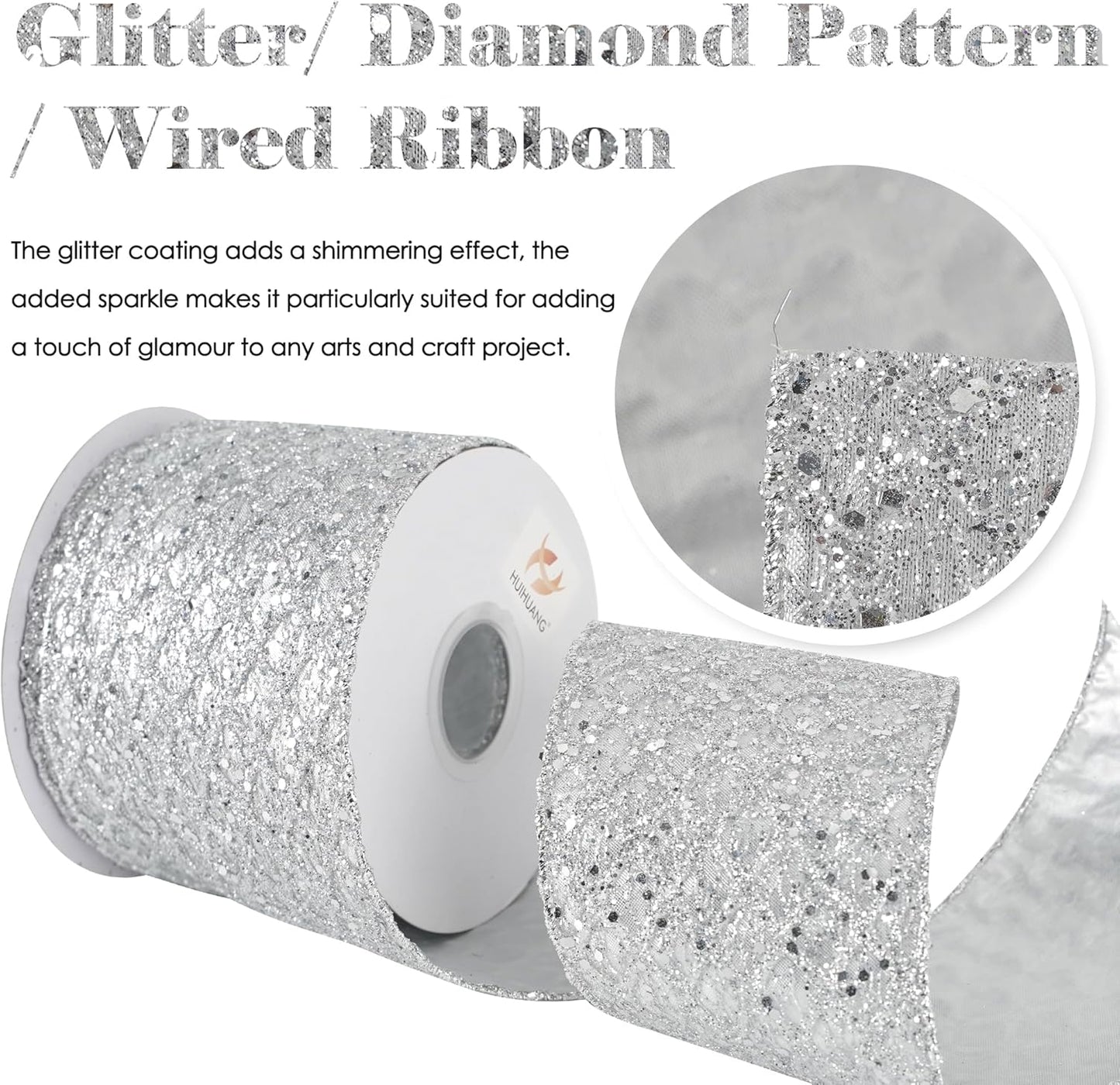 HUIHUANG Silver Christmas Ribbon 4 inch Silver Glitter Wired Ribbon Diamond Mesh Wire Ribbon for X-mas Tree Decorations, Wreaths, Garland, Large Bows Making, Home Decor -10 Yards