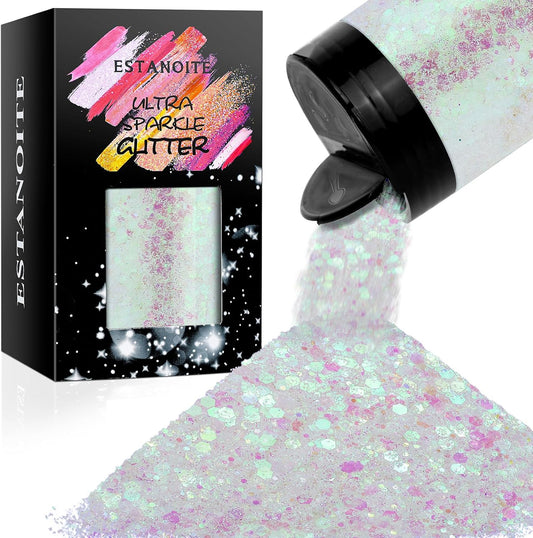 Holographic Chunky Glitter, 160G/5.64OZ, Mixed Fine & Chunky for Epoxy Resin, Iridescent for Crafts Tumblers, Halloween/Christmas Festival Painting Decor (Pearl White)