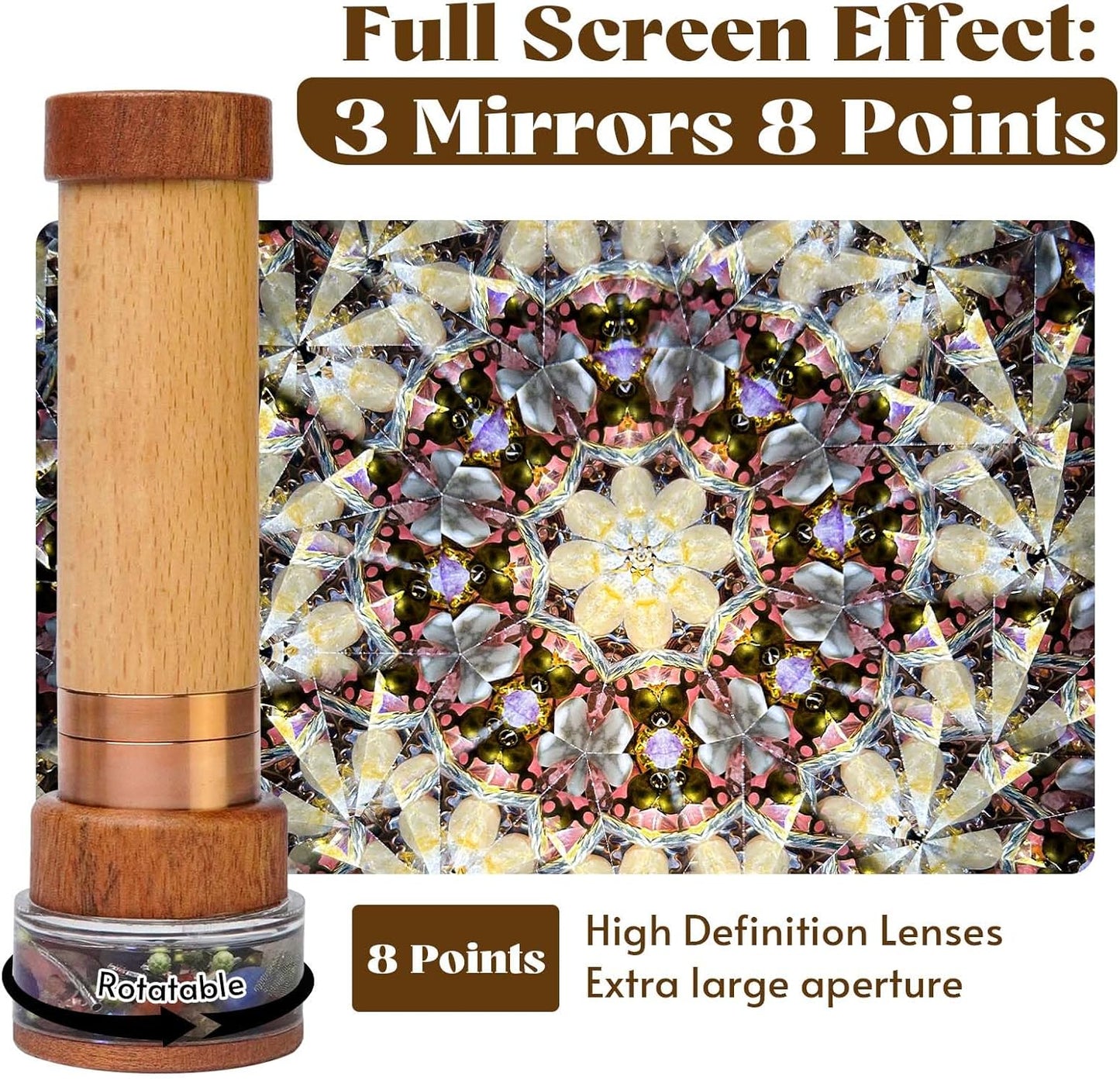 Growth Rings Wooden Kaleidoscope Full Screen Effect,6.5" Handmade Brass Rotatable Oil-Filled Core Box Nature Kaleidoscope Kit,Vintage Gift Box,Anniversary Birthday Gift for Man Woman